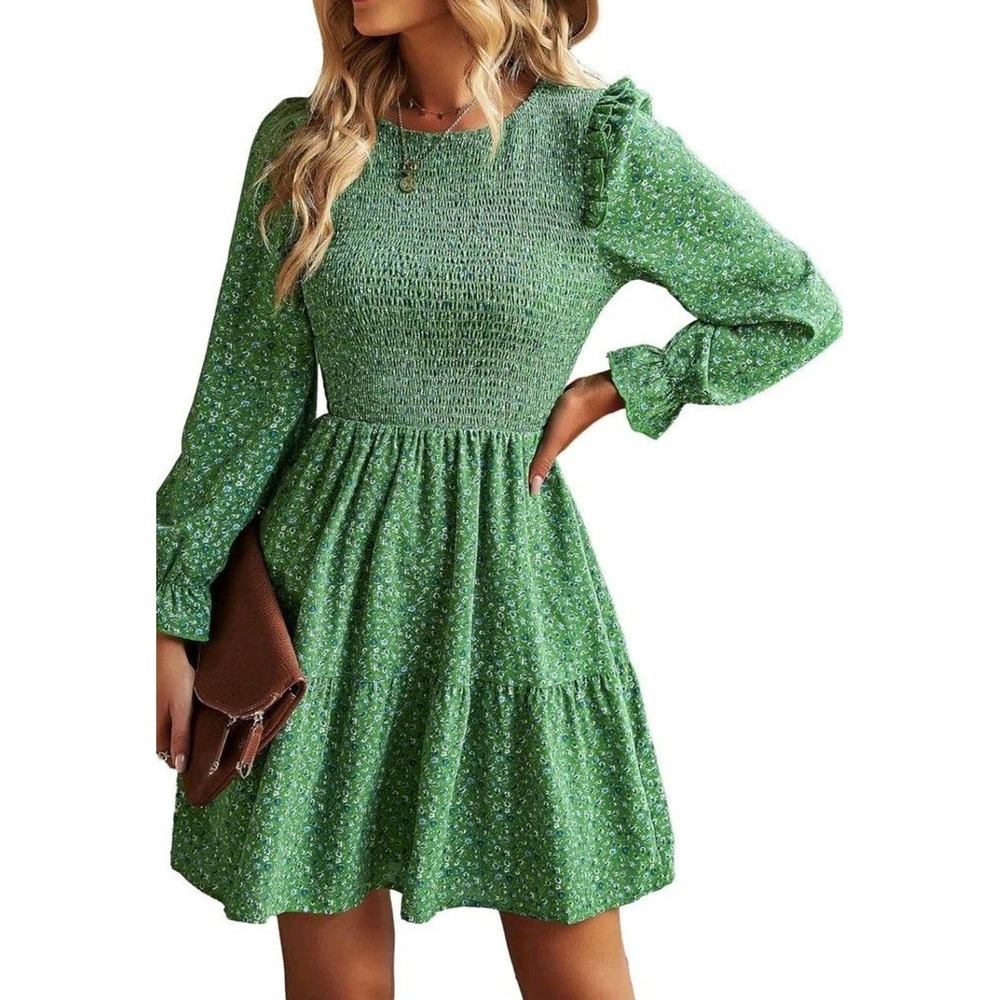 Green Floral Smocked Mini Dress Long Sleeve Ruffle Tiered Boho Cottagecore